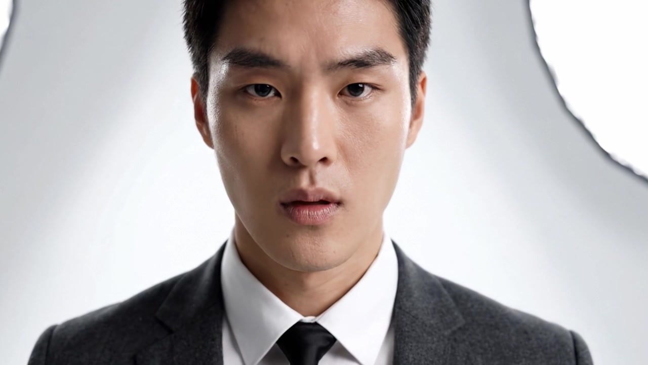 단순한 배경을 뒤로하고 결단력과 자신감을 발산하며 두 가지 다른 표정 프레임으로 포착된 정장 차림의 집중하는 남성