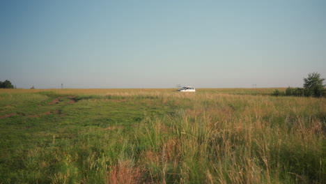 white car visible in distant field drives past green grassland under clear blue sky, distant power lines stretch across flat horizon, dirt path curves through open landscape in warm calm daylight