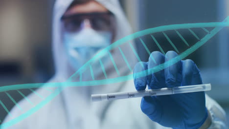 holding swab, scientist in protective gear with dna strand animation overlay