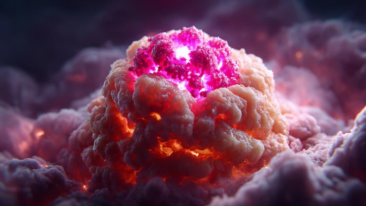 An Abstract Visualization of Explosive Energy, Featuring a Vibrant Cloud Formation with a Central Magenta Burst Surrounded by Ethereal Hues in a Dark Environment