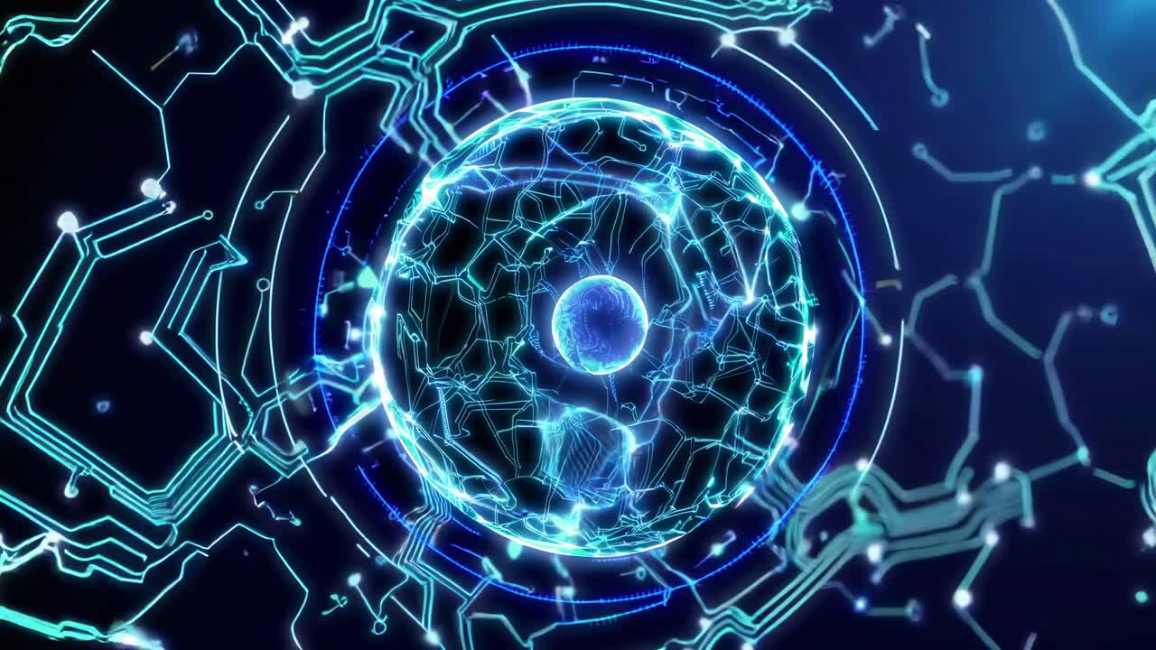 Abstract futuristic sphere with glowing circuit board pattern