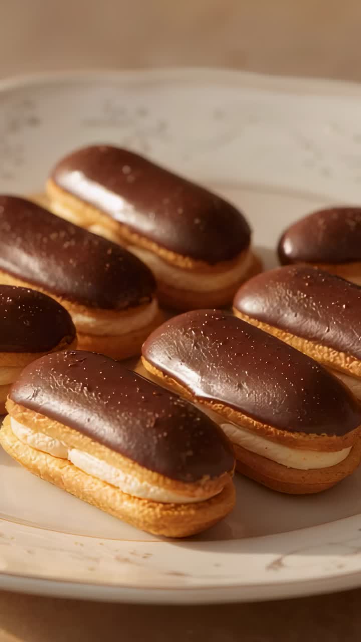 Vertical video: Pulling back, shot showing eclairs on plate in kitchen, highlighting glaze