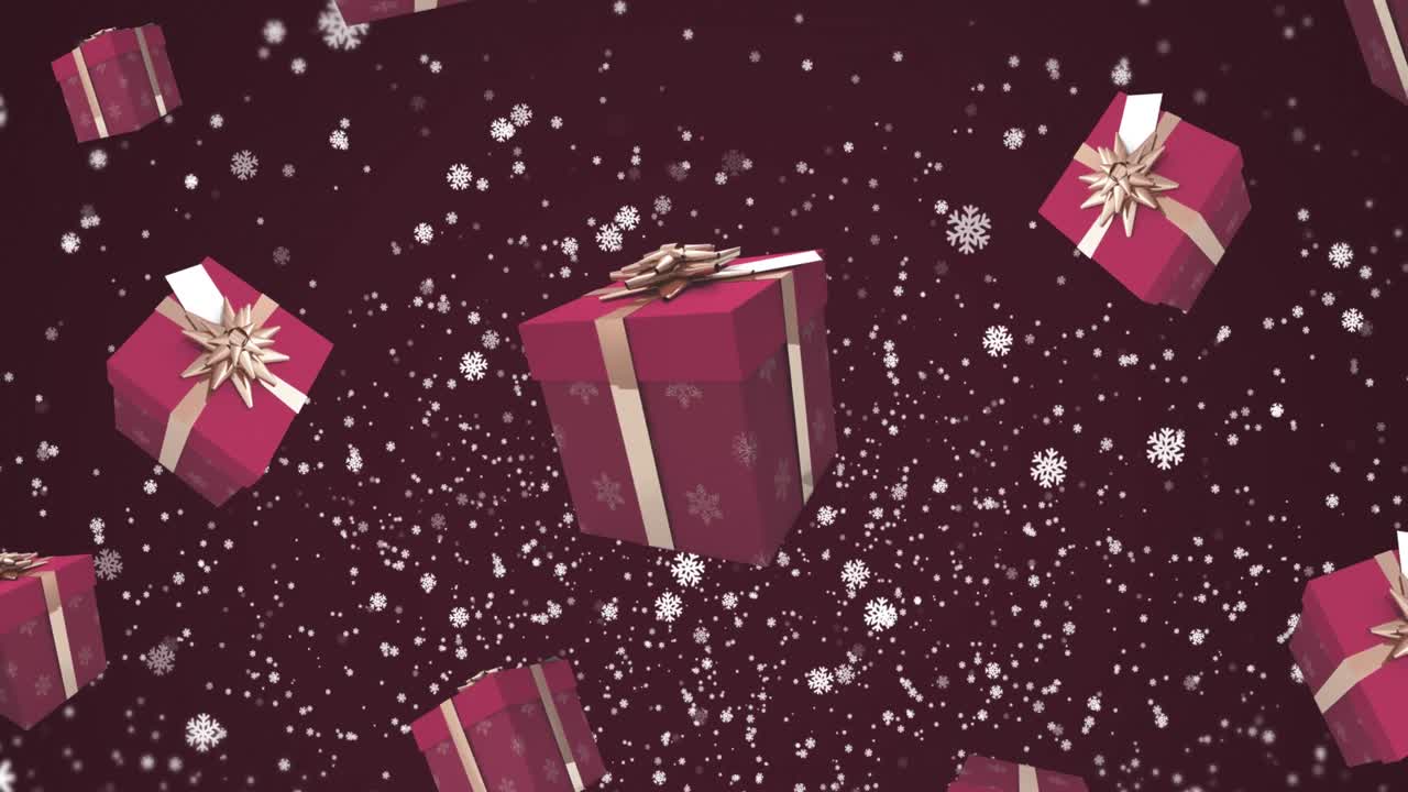 Animation of snowflakes and falling presents on dark red background