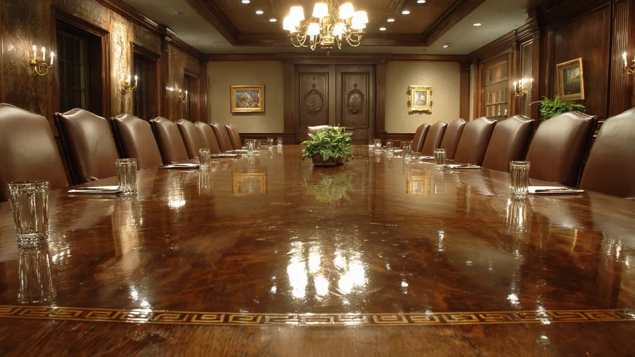 Elegant Conference Room with a Long Wooden Table Surrounded by Chairs, Featuring a Decorative Centerpiece and Warm Lighting Ambiance