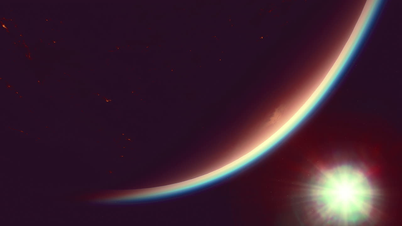 Celestial view of a distant planet with vibrant atmospheric colors