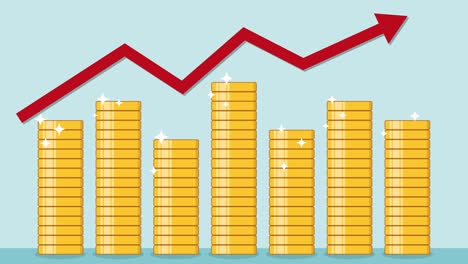 graphic animation - stack of gold coins growth up animation with red graph arrow pointing up. money saving, business and financial concept.