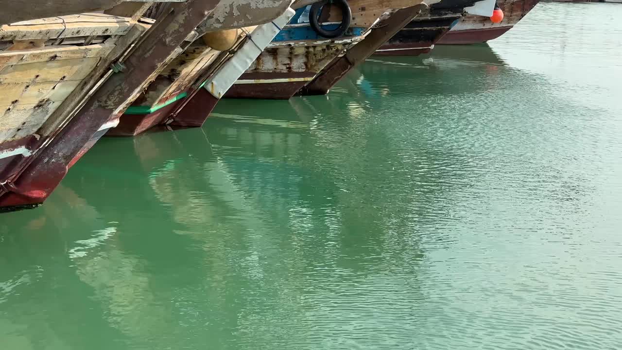 카타르에서 항해 중인 목선과 물고기 무리가 카타르 도하에서 낮 시간에 만에 있는 푸른 바닷물의 얕은 표면을 뛰어 넘습니다.