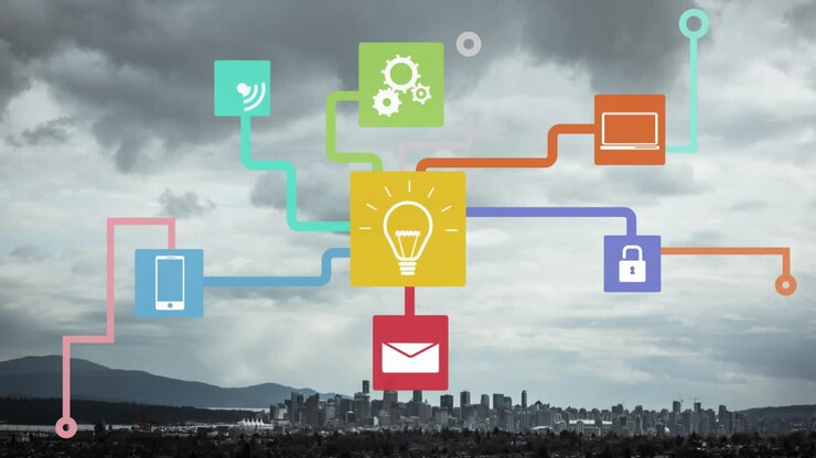 Network of connected devices and icons animation over cityscape with cloudy sky