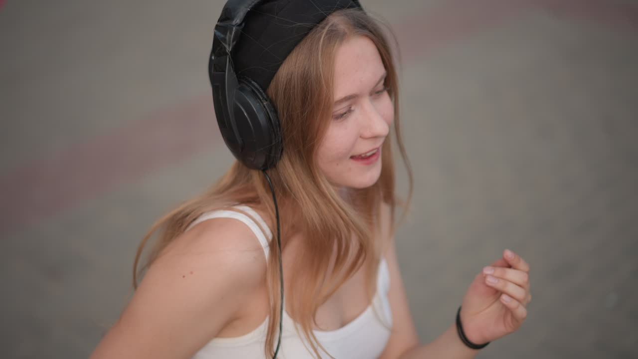 Ritratto ravvicinato di una donna bianca con le cuffie per strada che ascolta musica in modo rilassato, con gesti giocosi e sorrisi spontanei alla luce del sole estivo, canottiera bianca casual, sfondo bokeh sfocato, sottili cenni del capo