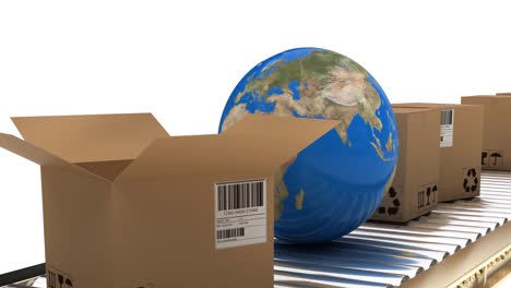 Animation-of-globe-over-multiple-piled-cardboard-boxes-on-conveyor-belt-on-white-background