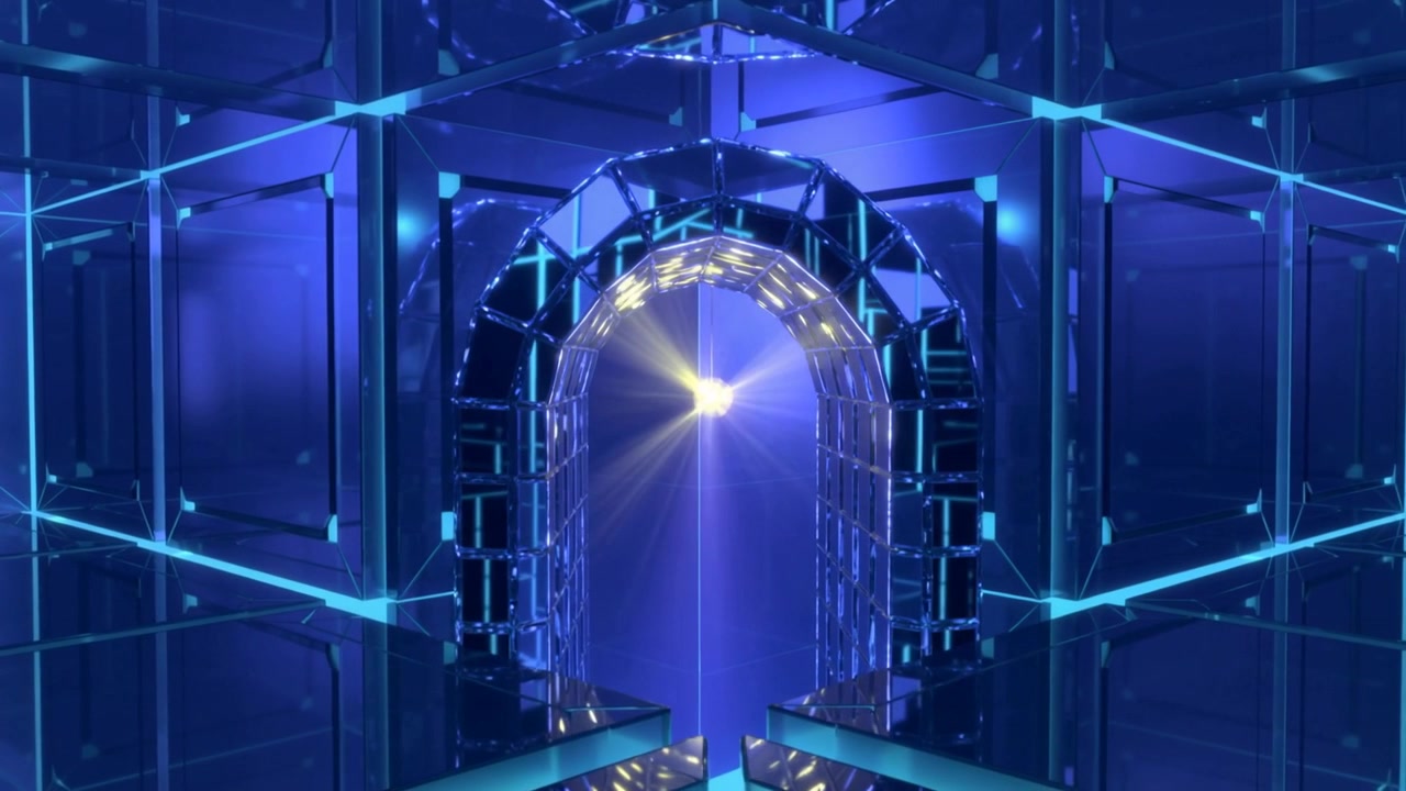 Glowing golden point sending rays through faceted portal in cyan room, lighting lattice and rails