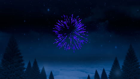 animation of purple christmas and new year fireworks exploding over trees in night sky