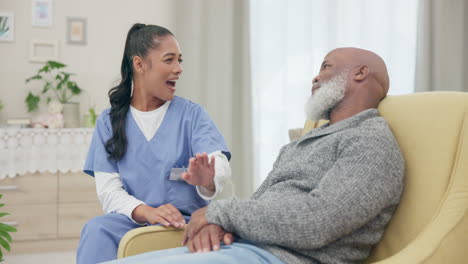 medical, support and happy with nurse with old man