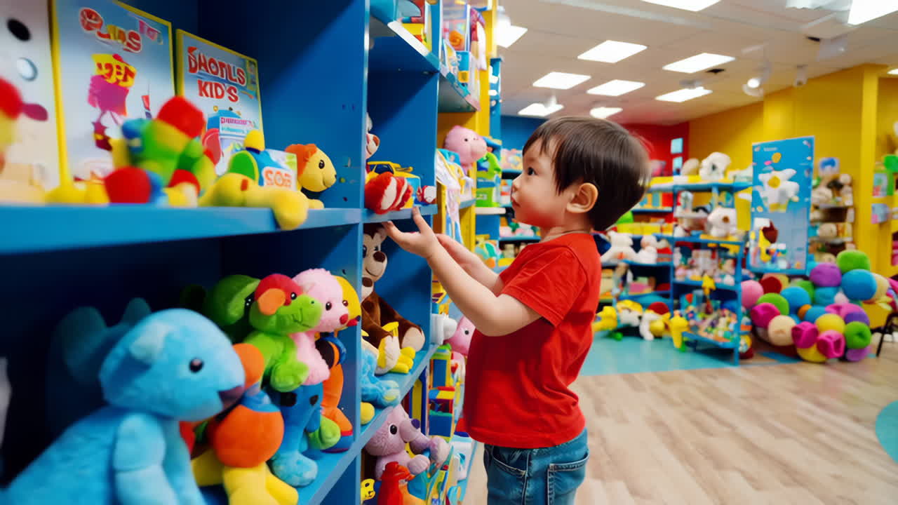 Young Boy Playing with a Toy Car in a Toy Store