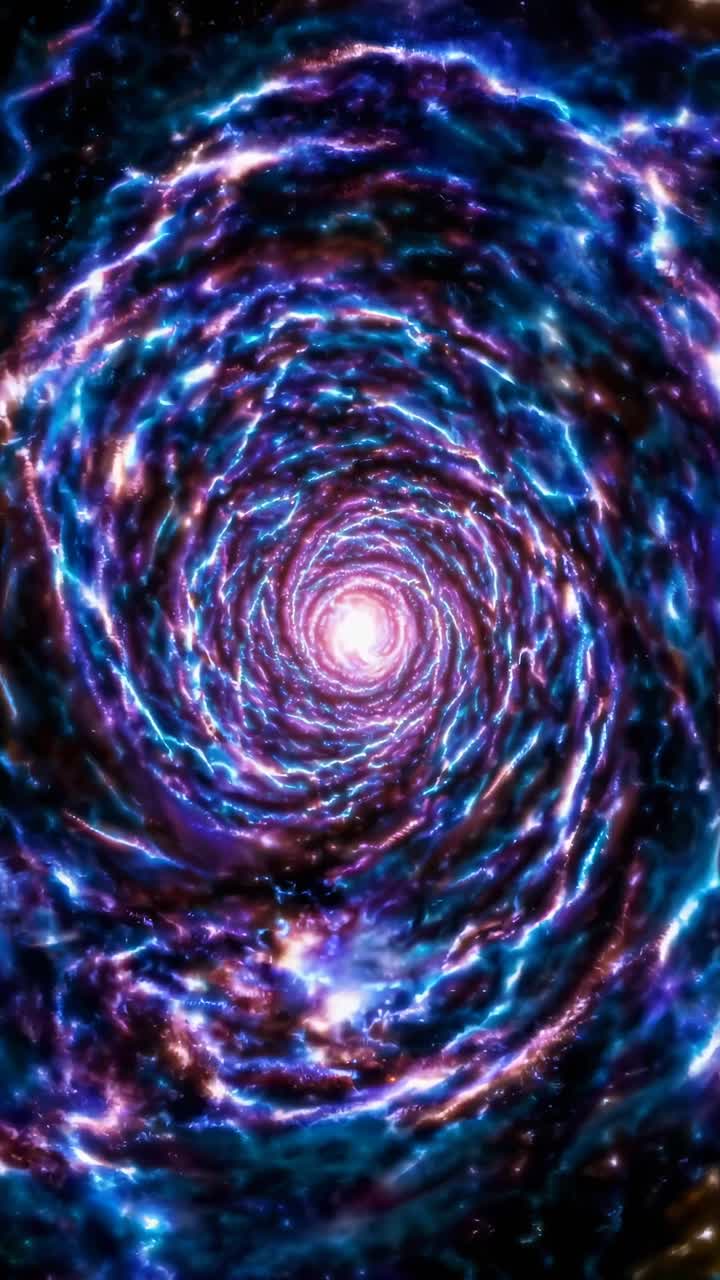A mesmerizing, swirling galaxy of vibrant blues and purples, captured from a top-down angle