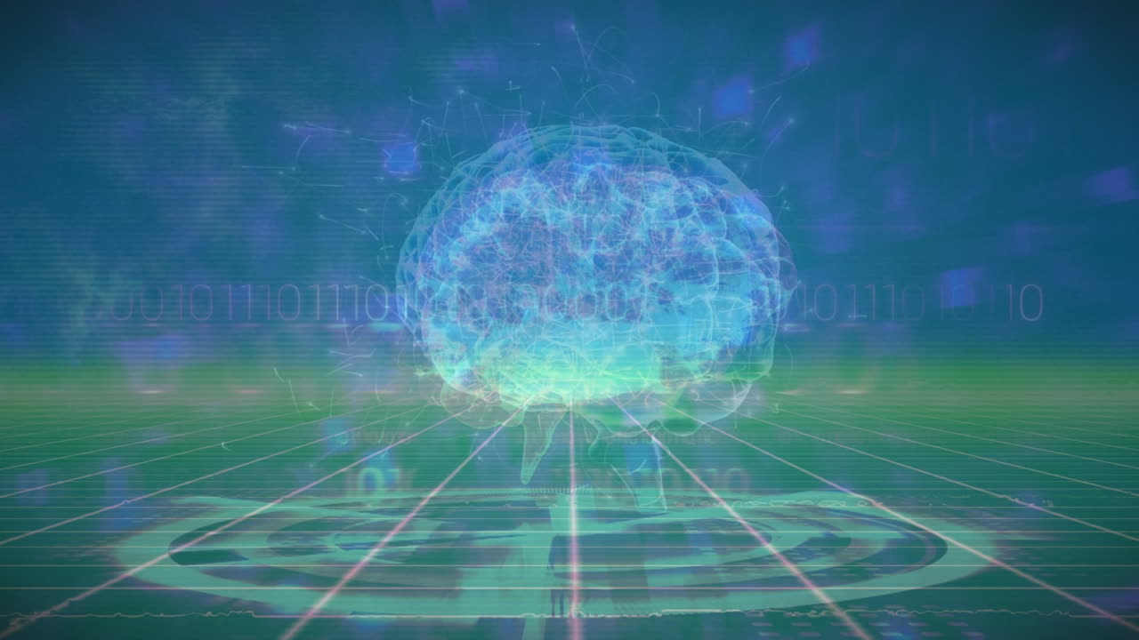 Animation of digital brain over data processing on blue background