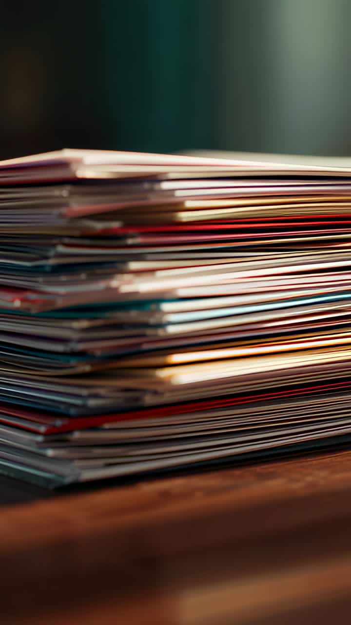 Vertical video: Shifting camera focus highlighting stacked papers, mags, envelopes on wooden table