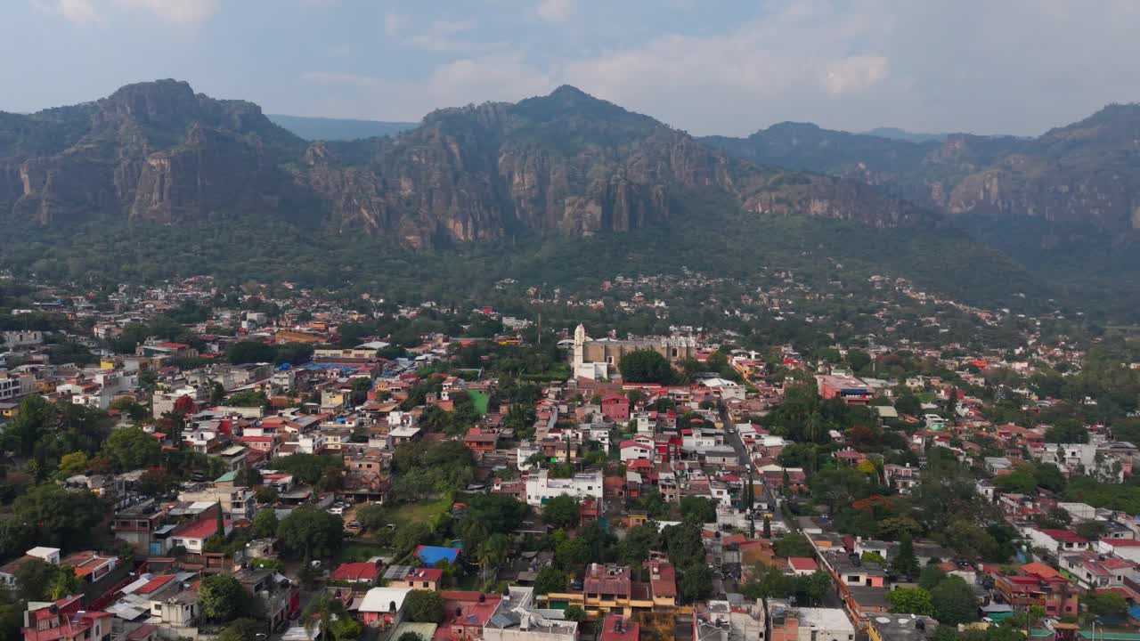Drone footage capturing Tepoztlán, Mexico, with scenic mountain backdrop