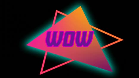 animation of wow text banner over neon abstrct shapes against black background