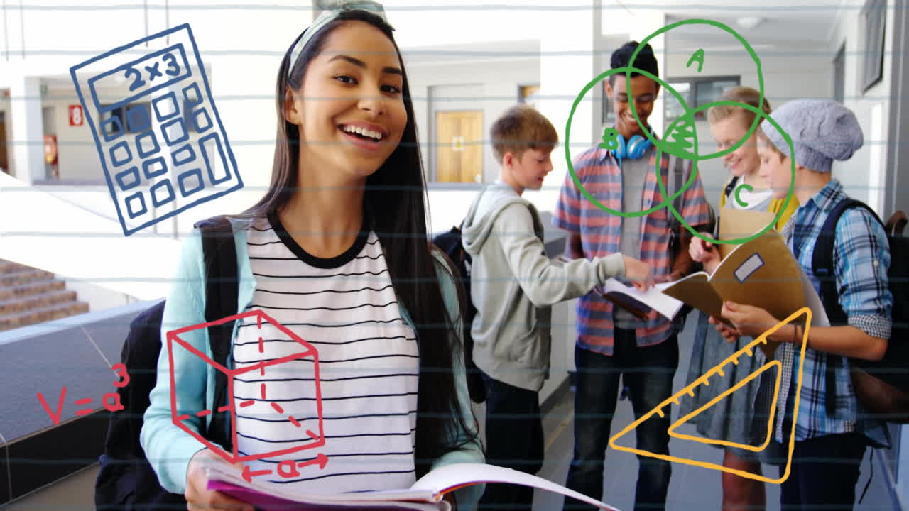 In school, students discussing math with colorful geometric animation drawings