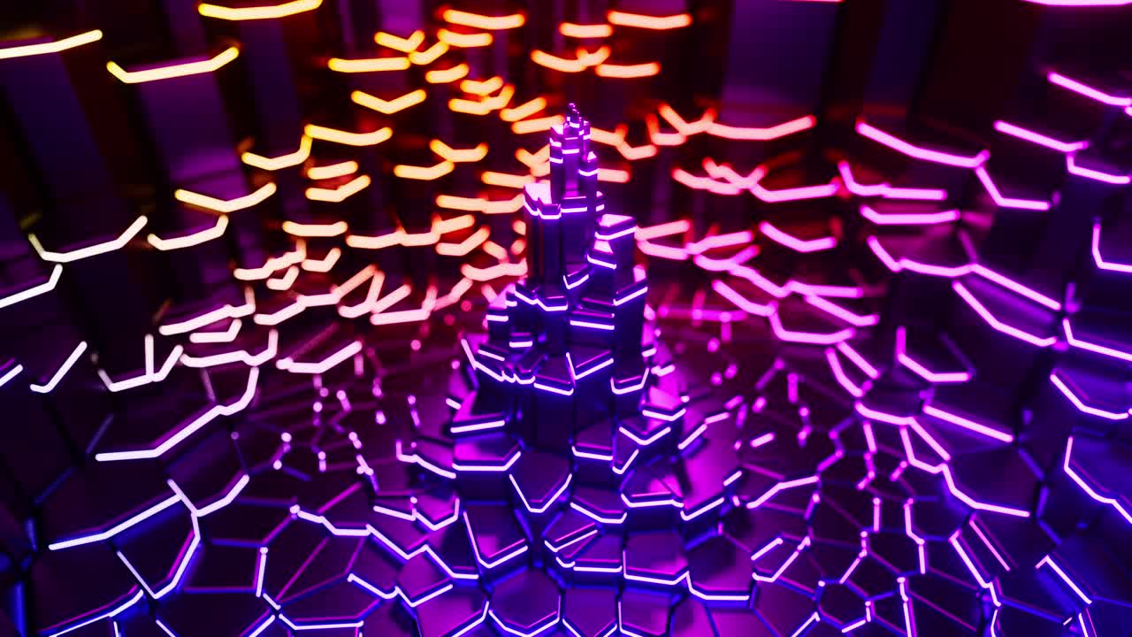 una torre futurista de neón de hexágonos. animación en bucle