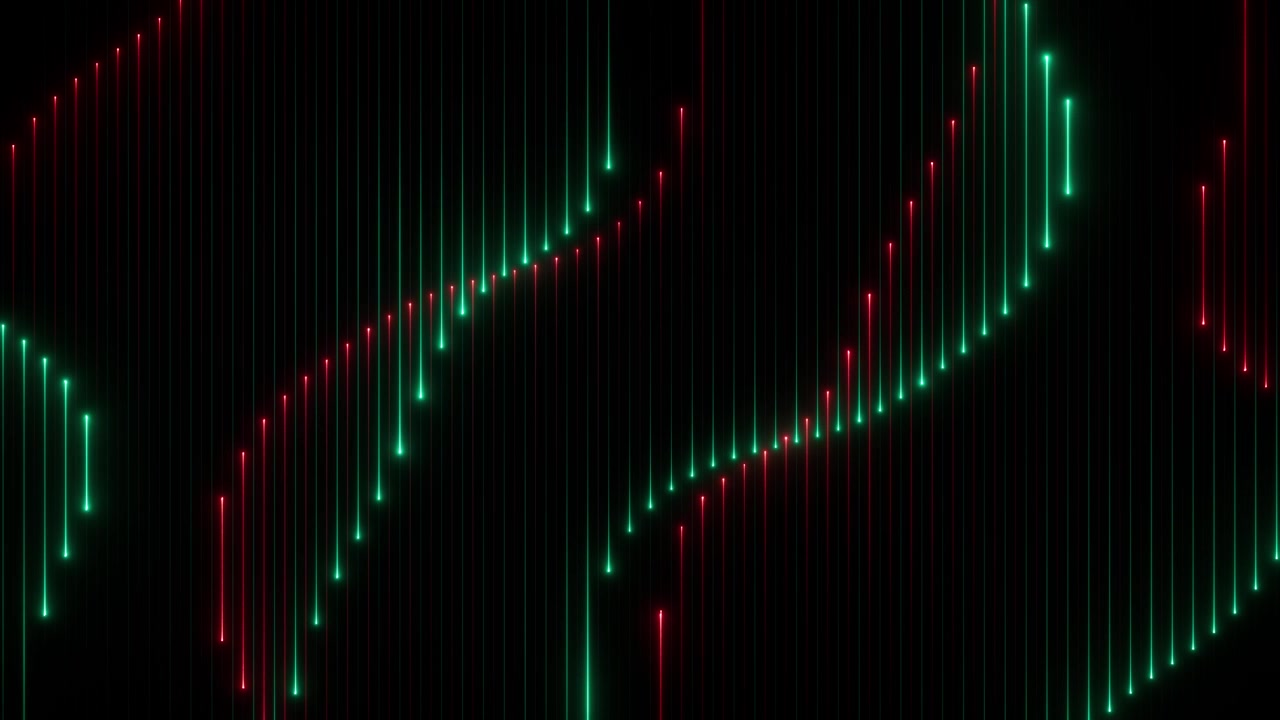 Abstract neon red and green vertical lines on black background