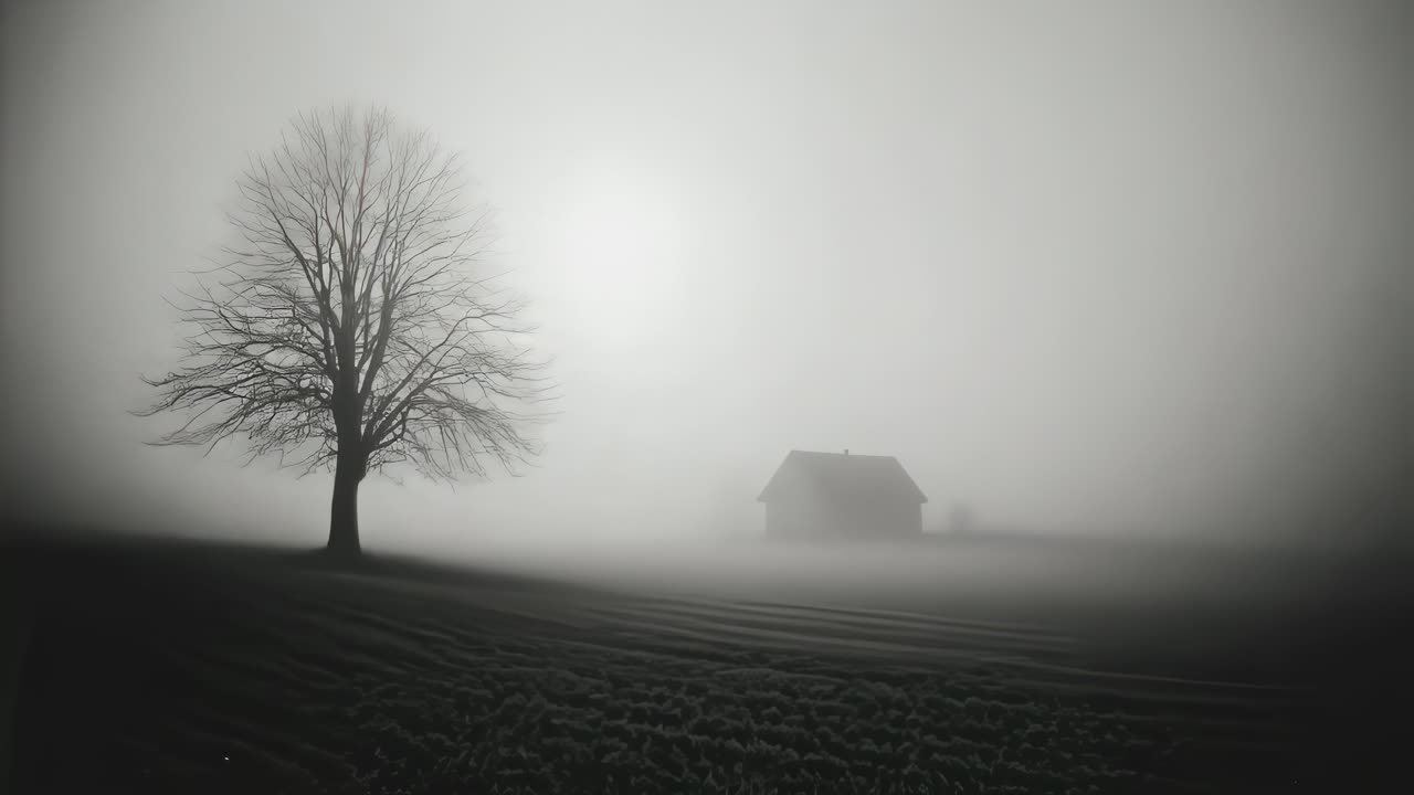 Misty Winter Landscape with a lone tree and a small house
