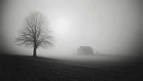 misty winter landscape with a lone tree and a small house