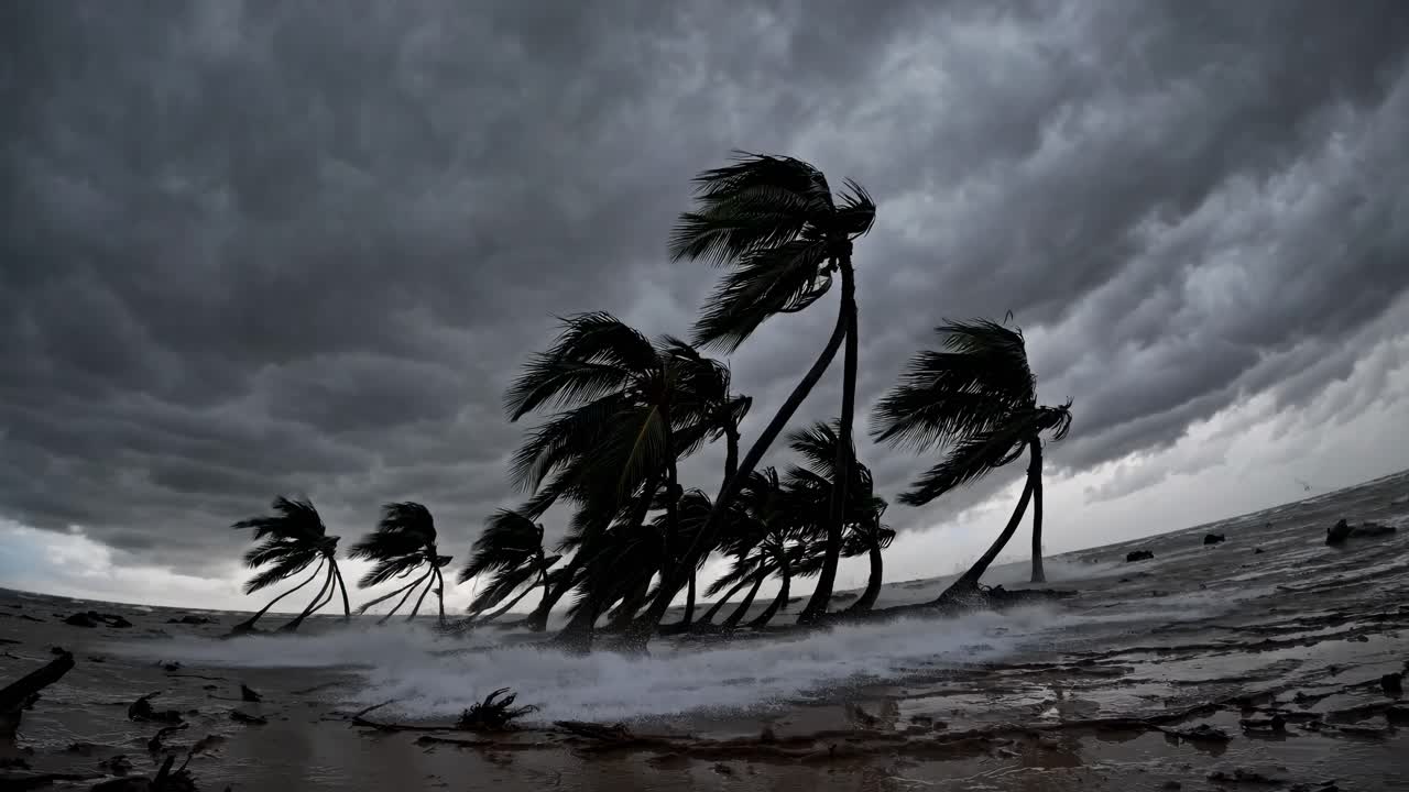 Dramatic low-angle video shot of palm trees bending in strong winds against a stormy sky