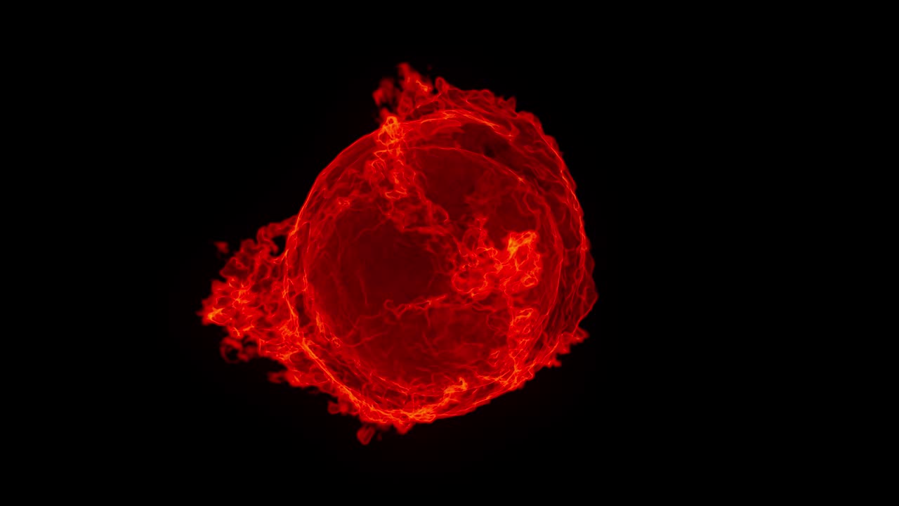 4K seamless loop of burning fire sphere on black background, abstract fluid, flame simulation, hot flaming orb with animated turbulence. 3D rendering