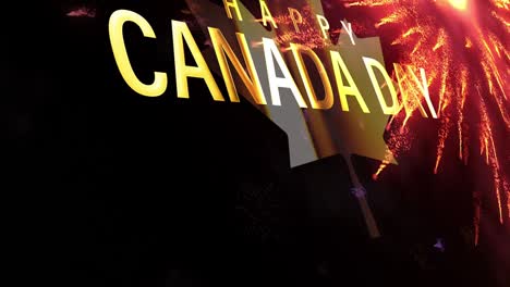 happy canada day gold text with fireworks particles motion graphic effect on black background. 4k 3d seamless loop greeting footage with calligraphy gold shine text word and colorful spark fireworks.