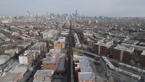 aerial view of the chicago l in bucktown. shot on a spring day.