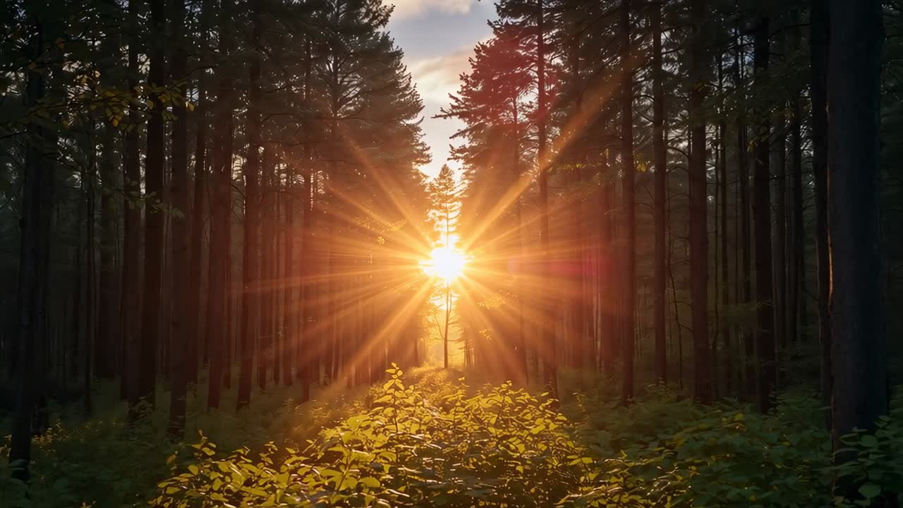 Nascer do sol baixo irradiando starburst e reflexo de lente em um corredor de pinheiros, silhuetando uma muda fina