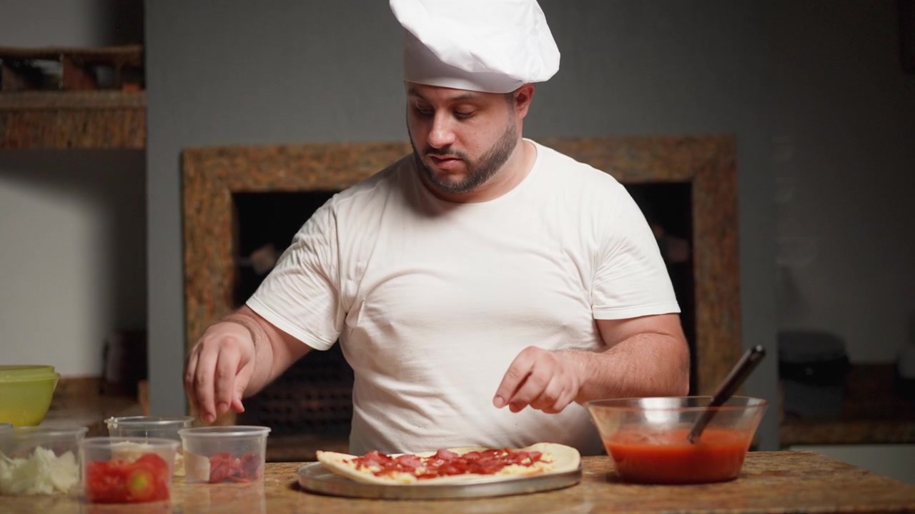 Preparazione artigianale della pizza con uno chef che aggiunge fette di pepperoni a una base di pizza appena stesa.