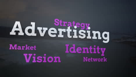 animation of advertising strategy and identity words floating over dark background