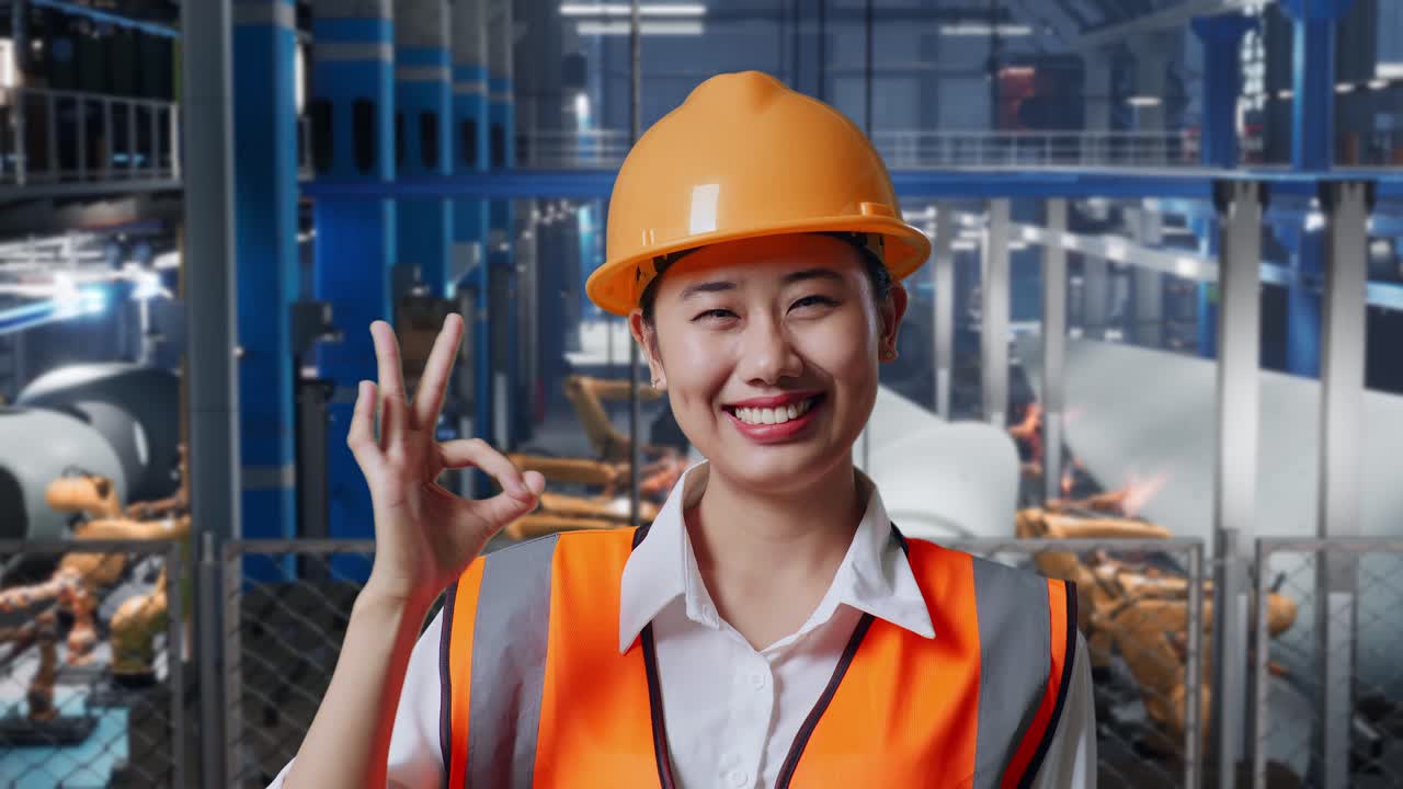 안전 헬을 입은 아시아 여성 엔지니어가 풍력 터빈 제조 공장에서 서서 카메라를 향해 미소 짓고 로 팔이 작동하는 동안 카메라에 오케이 제스처를 보여줍니다.