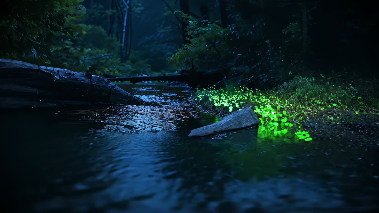 Moving camera forward and down revealing stream, green glow growing on right bank, fallen log