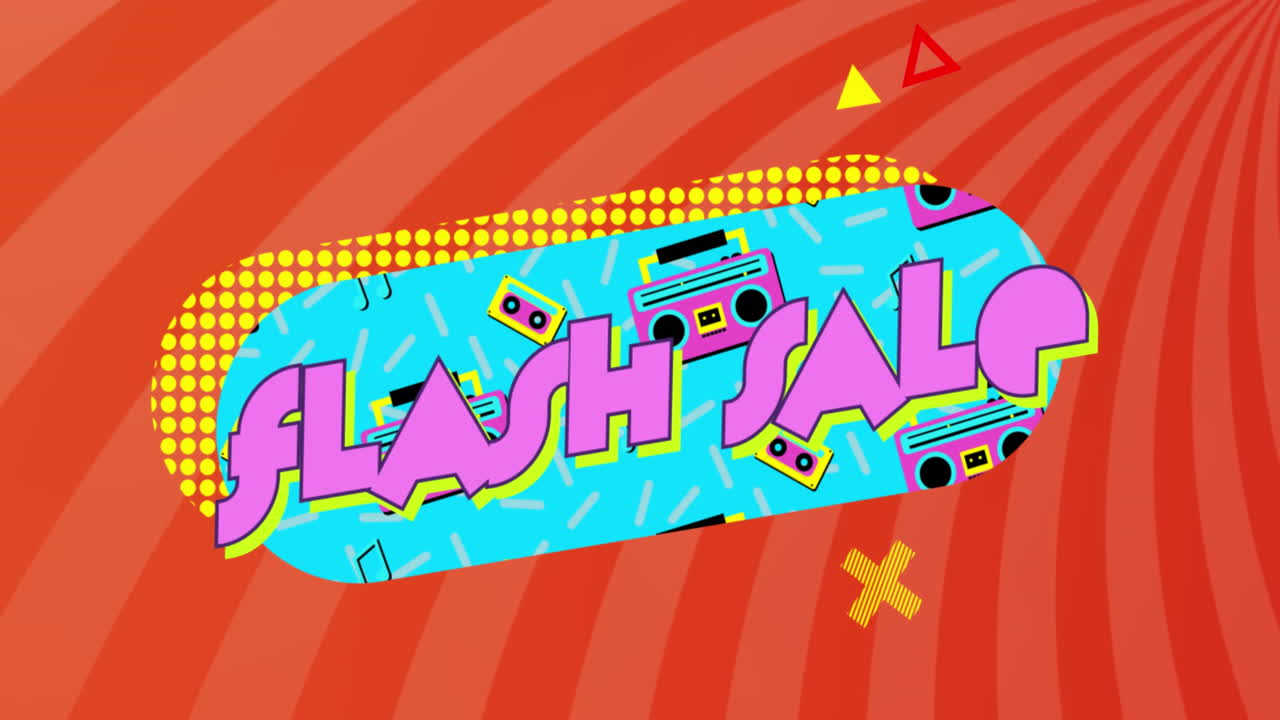 레트로 진동하는 패턴 배경에 플래시 판매 텍스트의 애니메이션