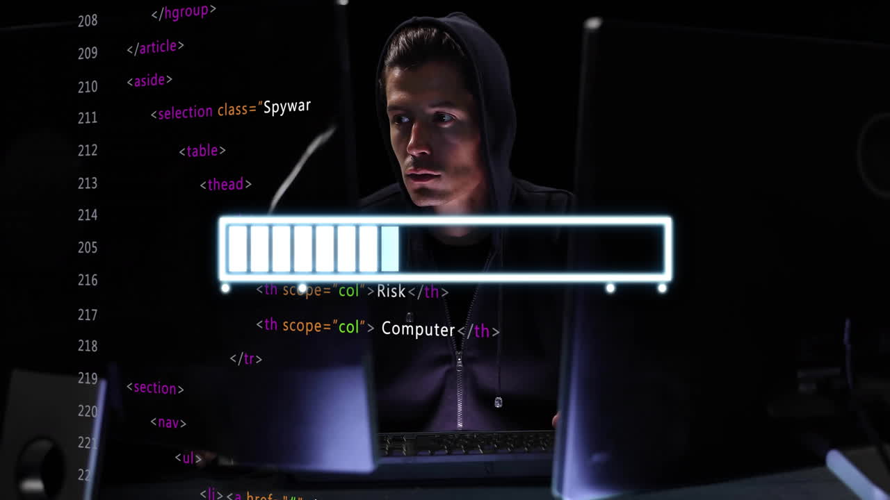 hacker en codificación de capucha en la computadora con animación de barra de carga sobre el código html