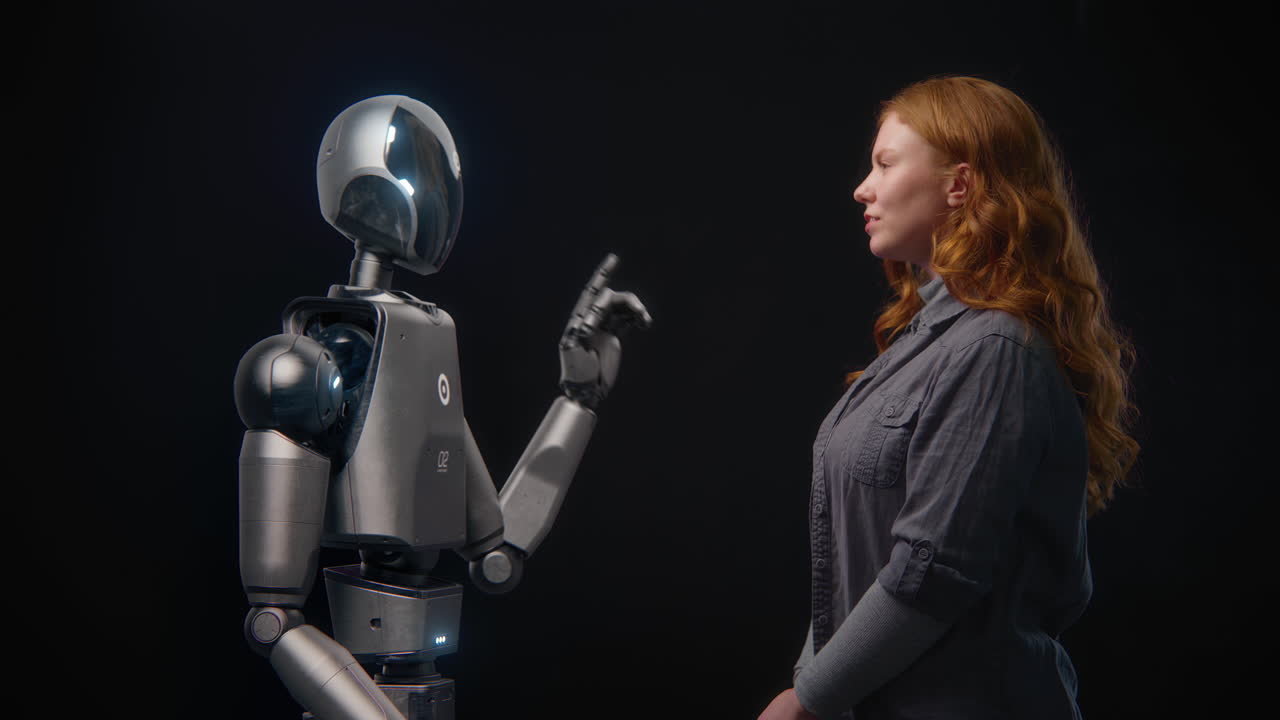 A woman and a humanoid robot interact in a series of gestures and responses
