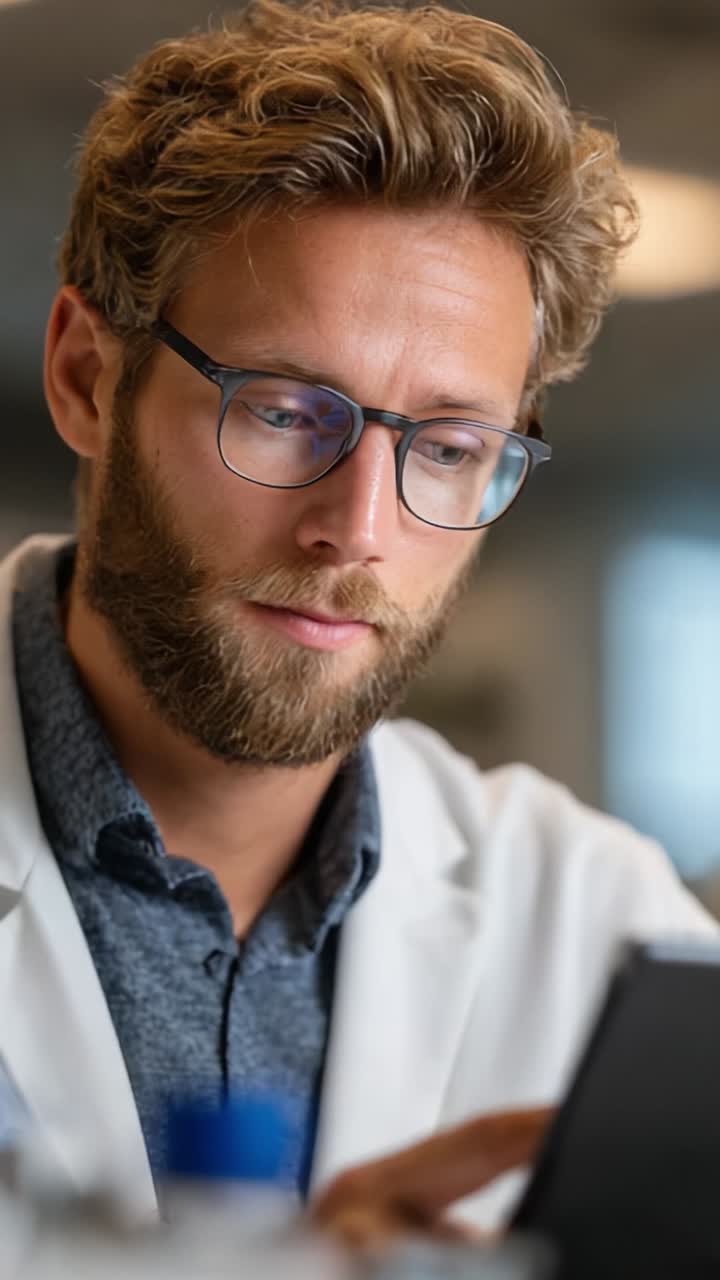 Professionista concentrato che analizza i dati su un tablet con espressione pensierosa in un ambiente di lavoro moderno, mettendo in evidenza la concentrazione e l'impegno per il progresso della ricerca