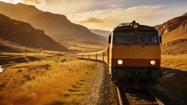 Train rounding curve, headlights cutting golden valley, crew operating controls, moving passengers