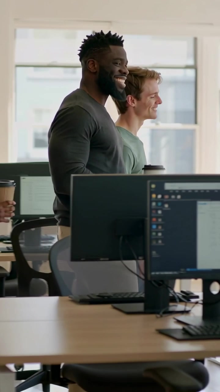 Vertical video: Entering two men in dark top and green tee heading past desks in office holding cup