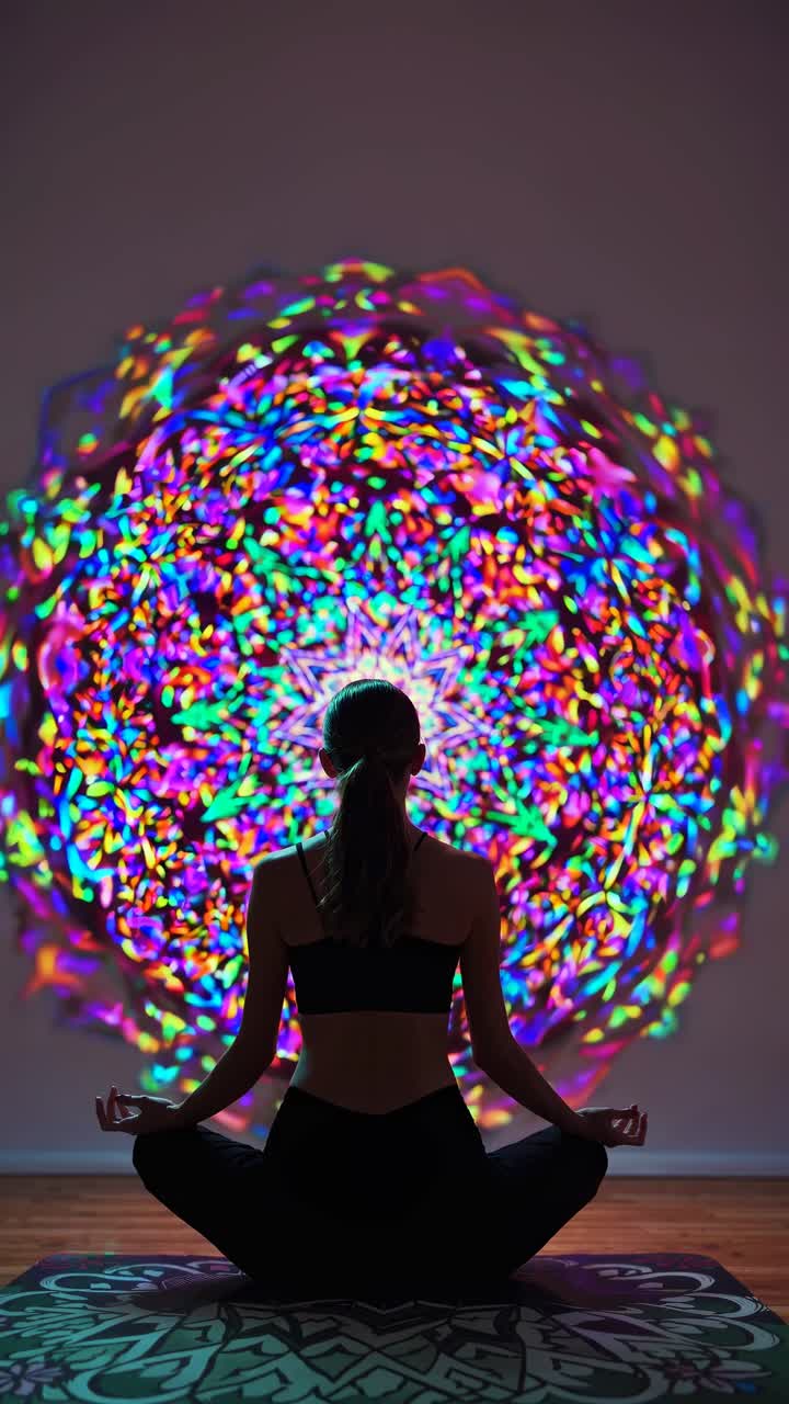 A woman meditates in front of a vibrant kaleidoscope projection. Shot from behind at eye level