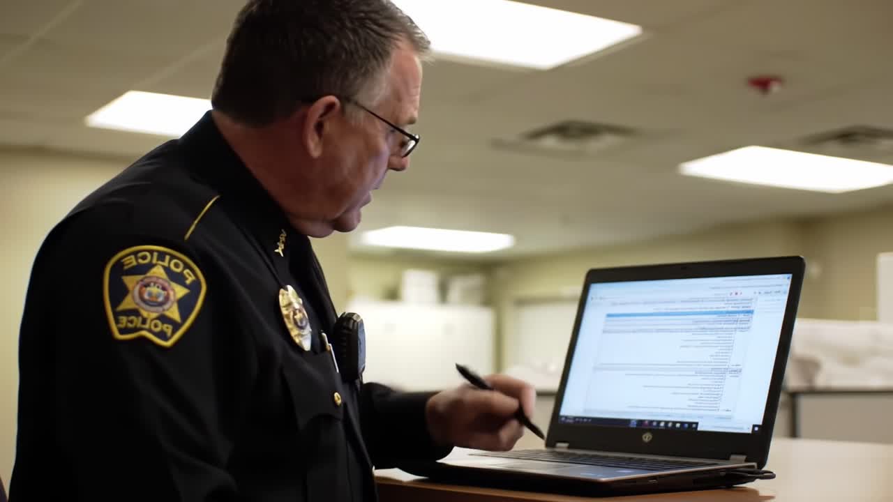A Law Enforcement Officer Engaged in Digital Evidence Review, Analyzing Crime Data on a Laptop in a Well-Lit Office Environment