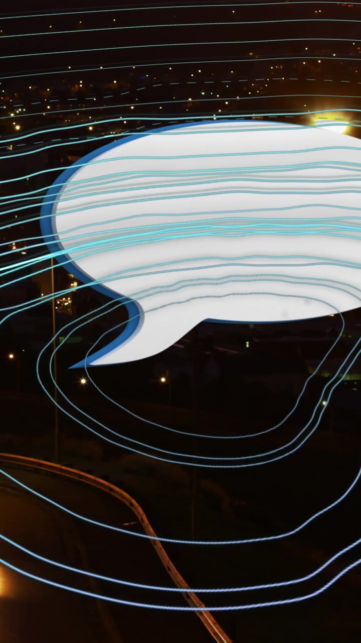 Animation of shapes moving and speech bubbles over cityscape