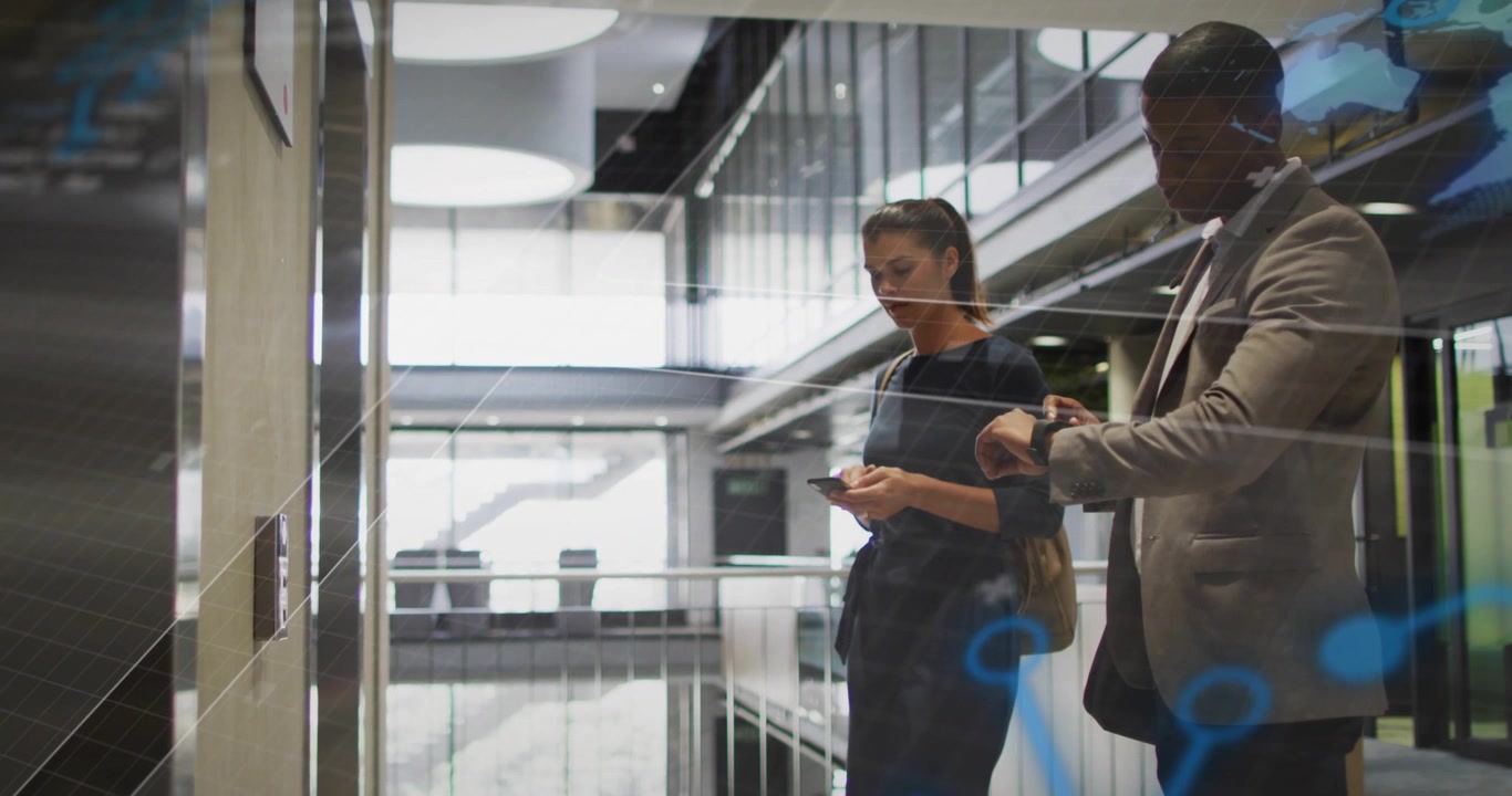 Colleagues tapping smartphone and calling elevator while business tech nodes growing around them