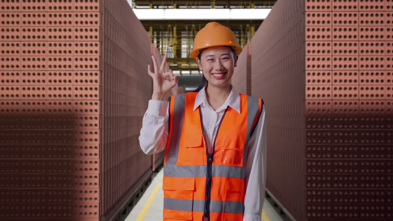 Asian Female Engineer With Safety Helmet Smiling And Showing Okay Gesture To The Camera While Standing With Red Brick Packed in Stacks Are Stored