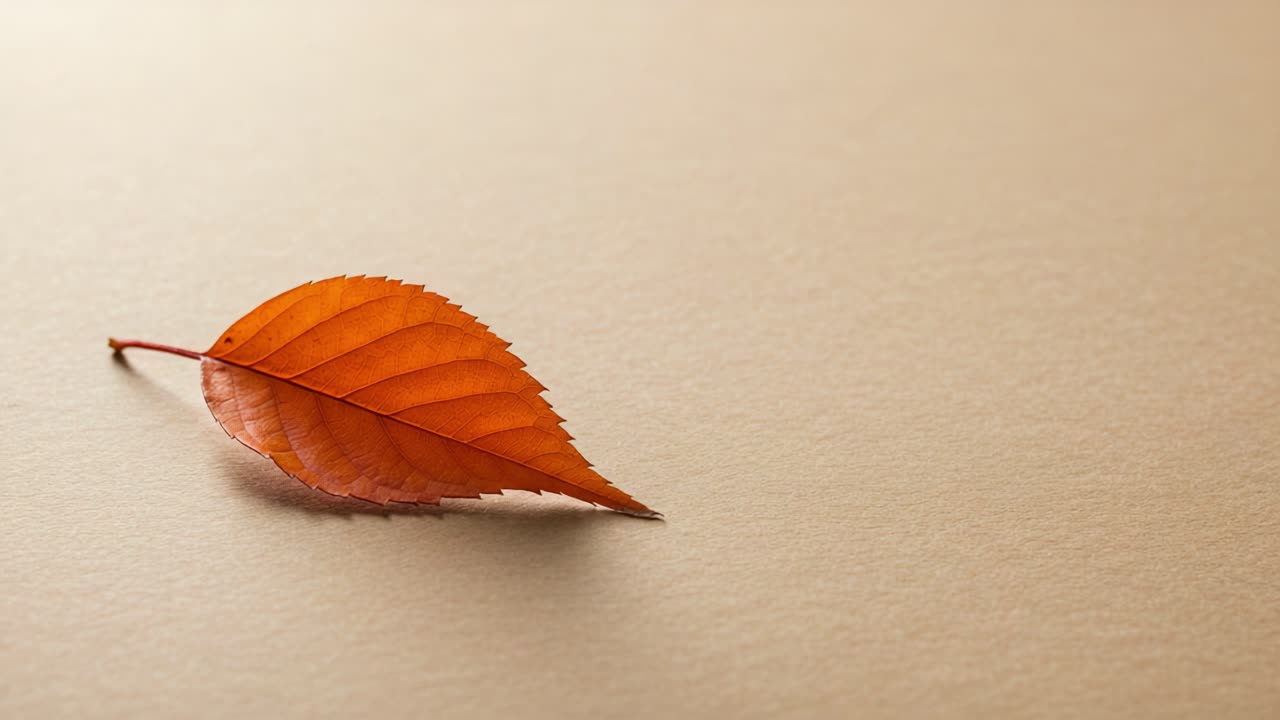 A Close-Up of an Orange Leaf on a Beige Surface, Showcasing the Intricate Textures and Colors of Autumn in a Serene and Minimalistic Composition