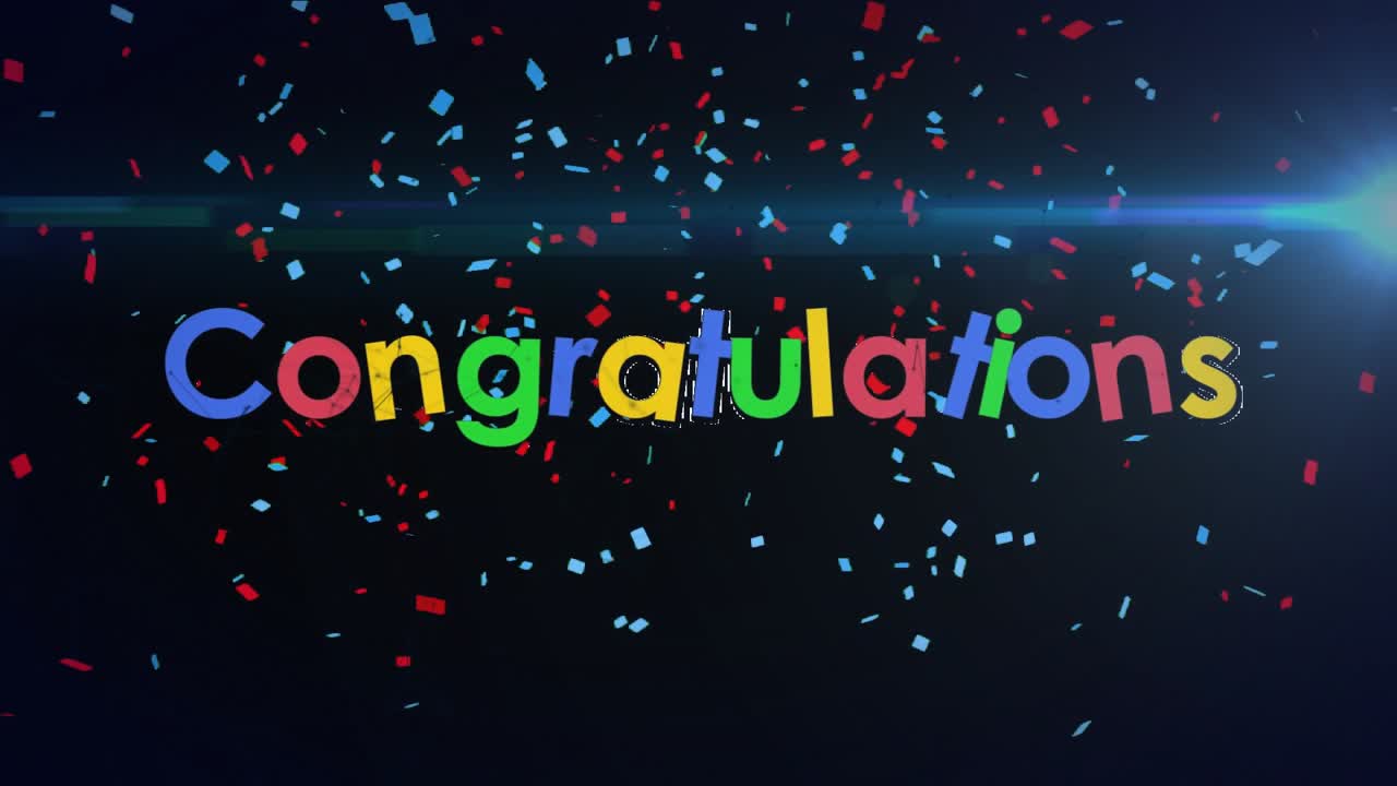 Right flare flaring, confetti ribbons bursting, multicolor Congratulations forming, celebrating win